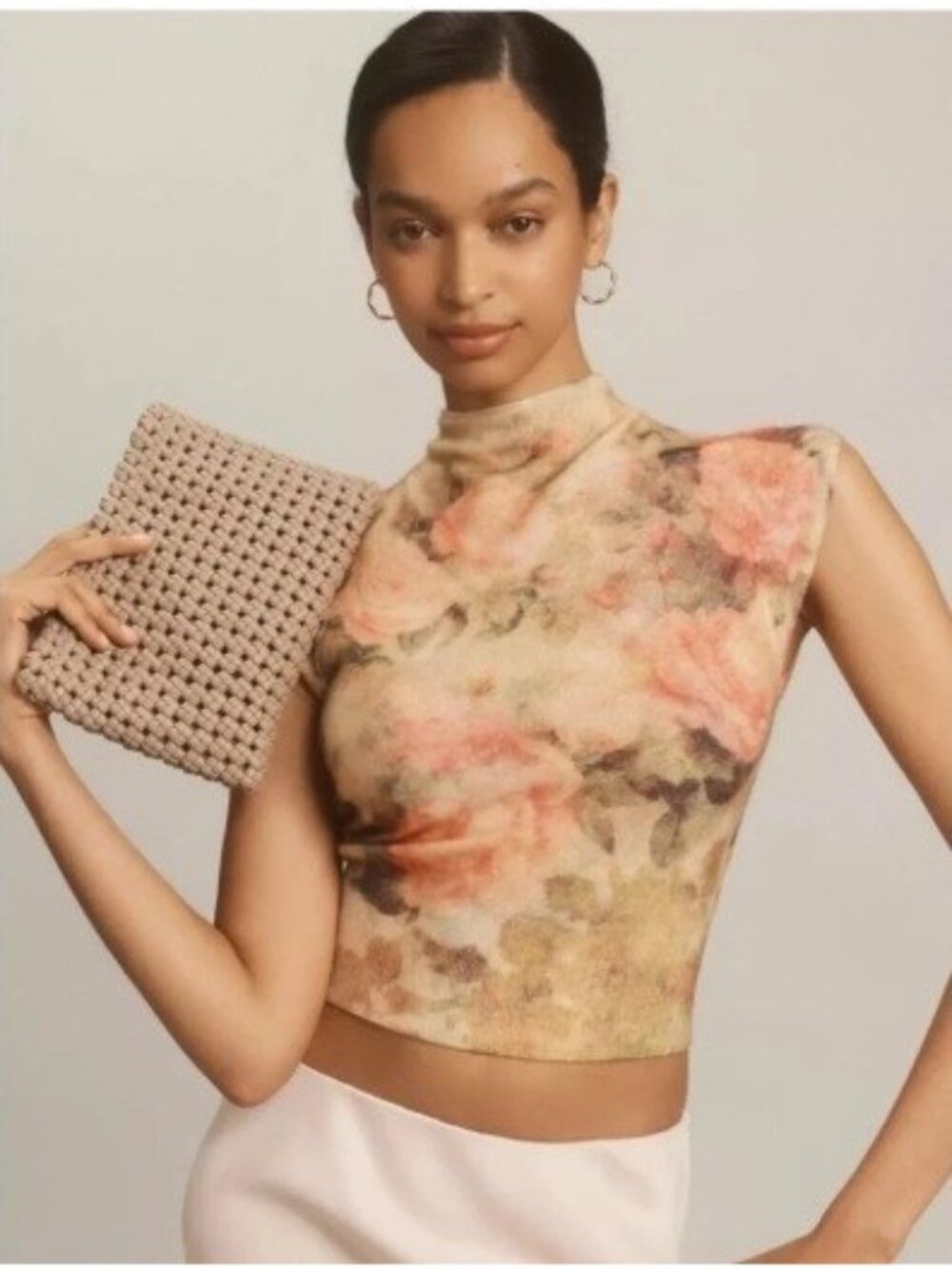 Athropologie Floral Cashmere Cap Sleeve Mock Neck Sweater S